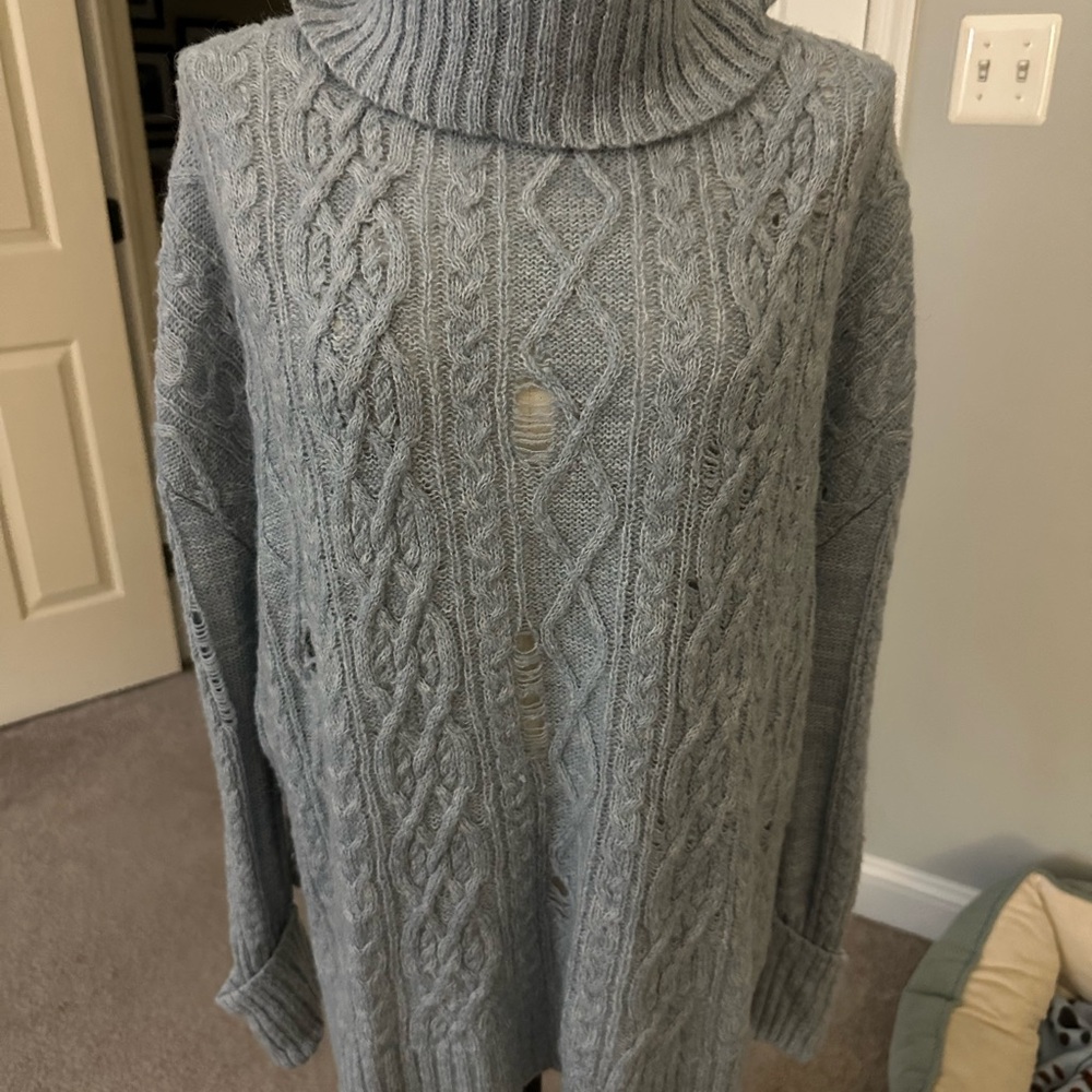 Free People Blue Gray Turtleneck Cable Knit Sweater